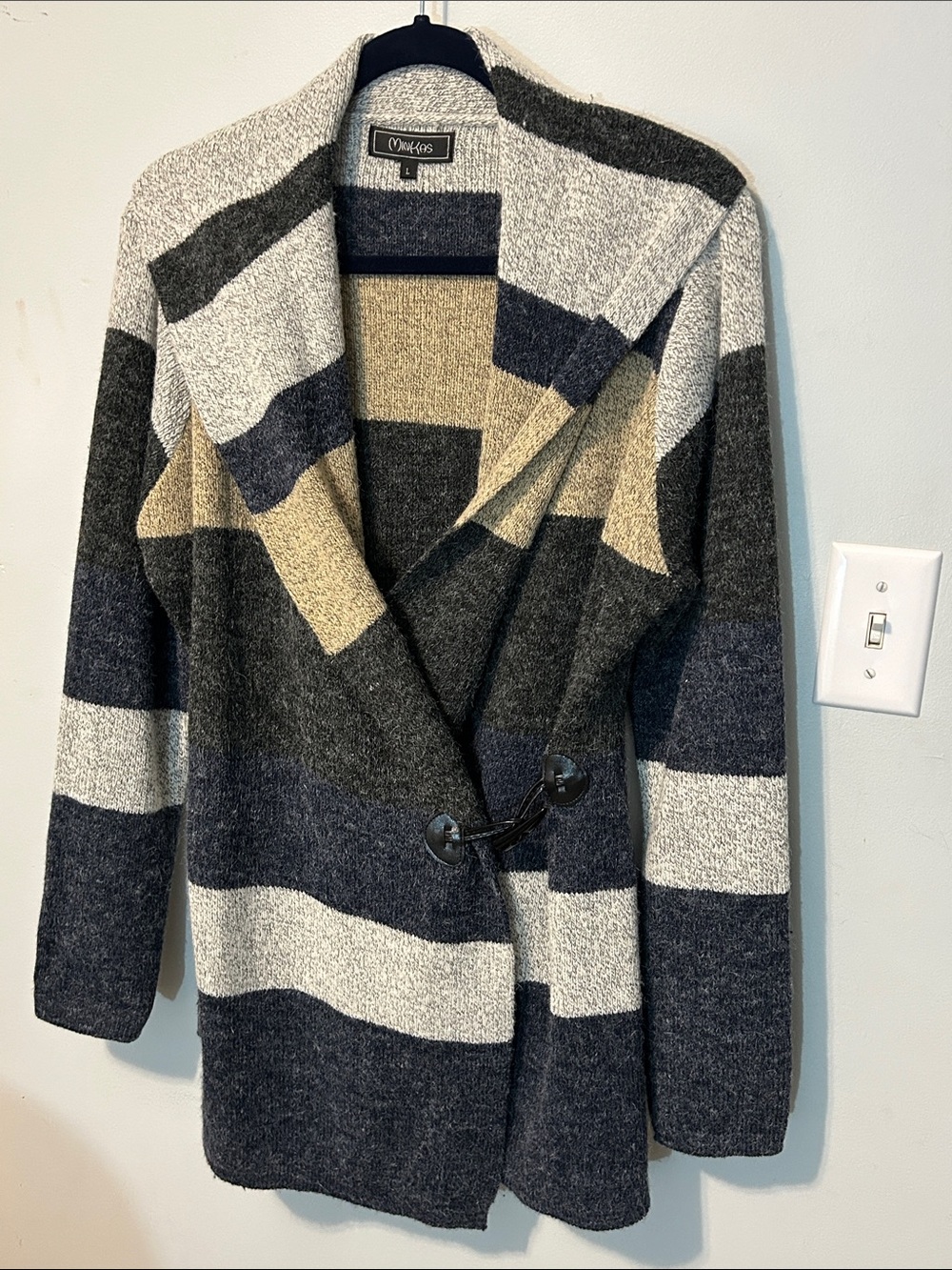 Minkas Striped Shawl Collar Cardigan Jacket - Gray, Cream, Tan, & blue